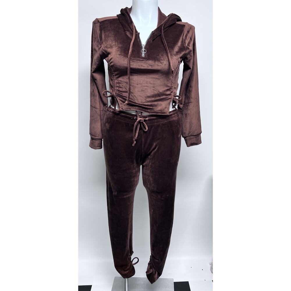 Y2k Style Velour Tracksuit Womens XL Hoodie Crop Pants Ruched Chocolate Brown